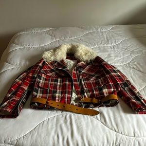 Rag & Bone Etine Plaid Jacket with Lamb Shearling Collar & leather accents XXS